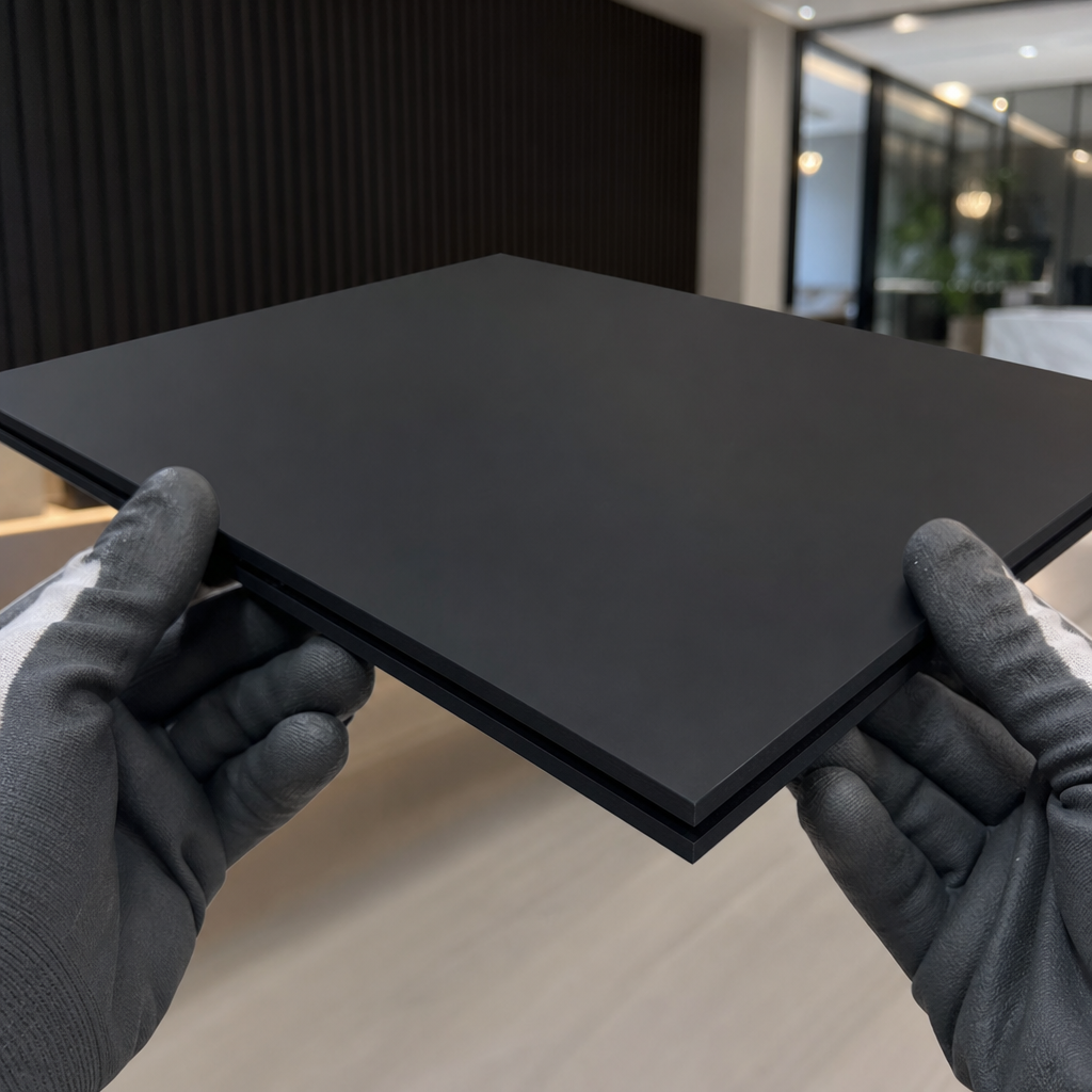 Grey-gloved hands supporting two stacked matt black acrylic sheets from below, modern office behind