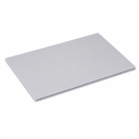 Pale grey corrugated sheet angled on white, open flutes running along the near edge
