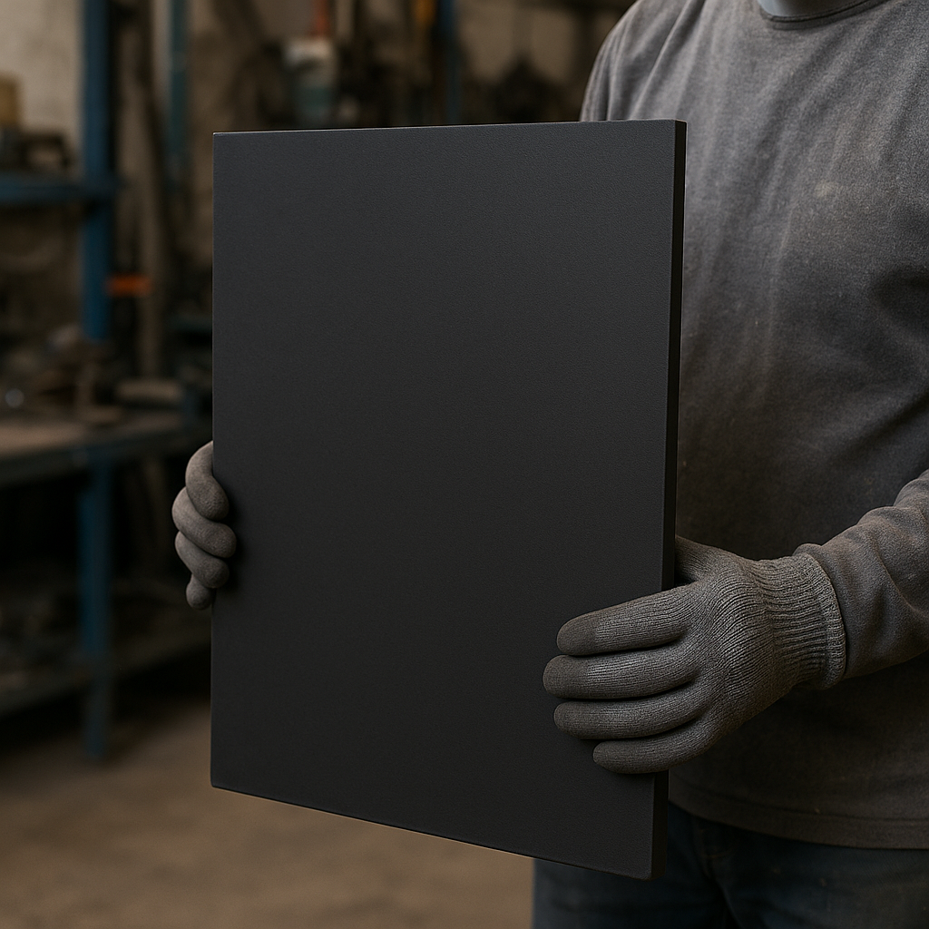 Worker in grey gloves holding a large black rubber sheet upright in a workshop, racking blurred behind