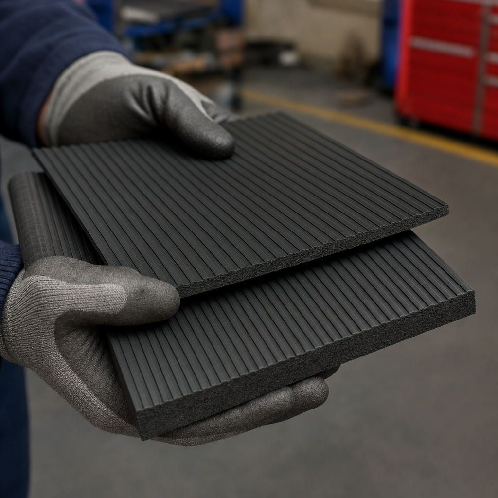 Gloved hands holding two black fine-ribbed rubber mat samples, narrow parallel ribs across both faces