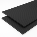 Two black rubber matting panels stacked offset on white, broad flat-topped ribs running lengthways