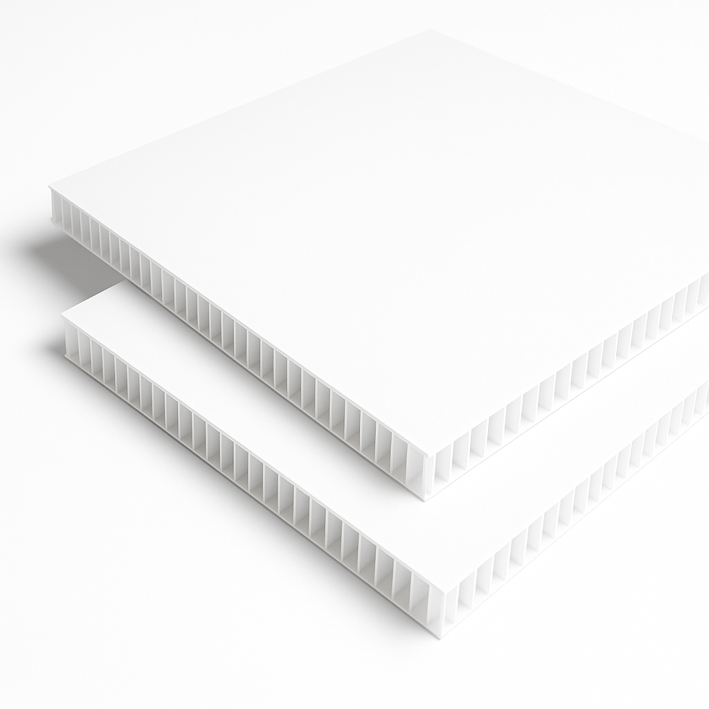 Two white corrugated plastic sheets stacked at an angle on white, hollow flutes visible along the cut edges