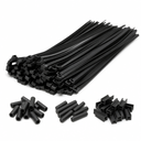 Fanned pile of black nylon cable ties on white, with close-up groups of the ratchet heads in front