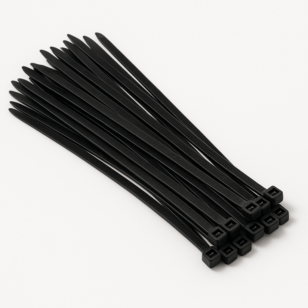 Loose bundle of black nylon cable ties fanned diagonally on a plain white studio background