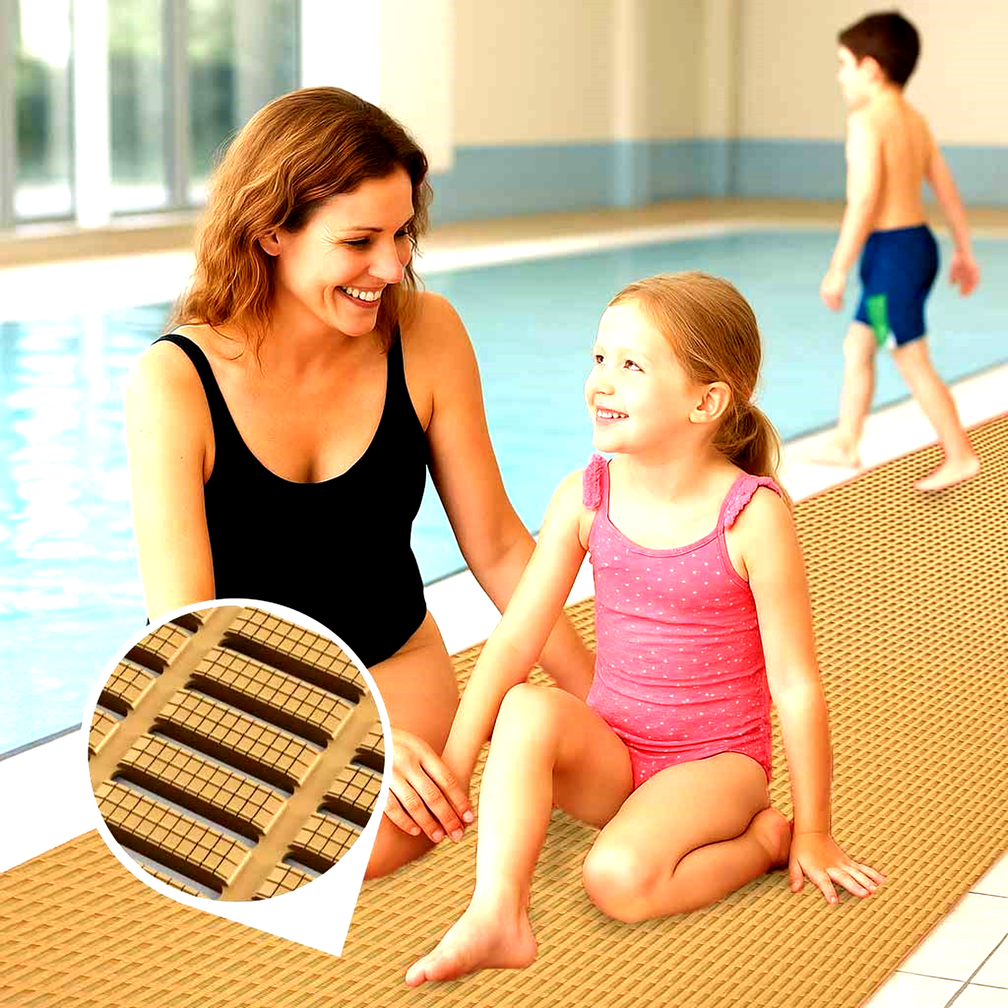 Tan Lightweight Non-Slip Matting installed around an indoor pool, offering a non-slip and hygienic drainage floor. This anti-fatigue mat is perfect for pool decks and changing rooms.