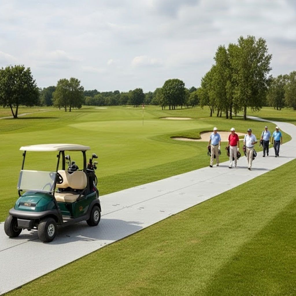 Temporary pathway matting on a golf course, providing a smooth, protected route for a golf cart and players walking alongside the fairway.