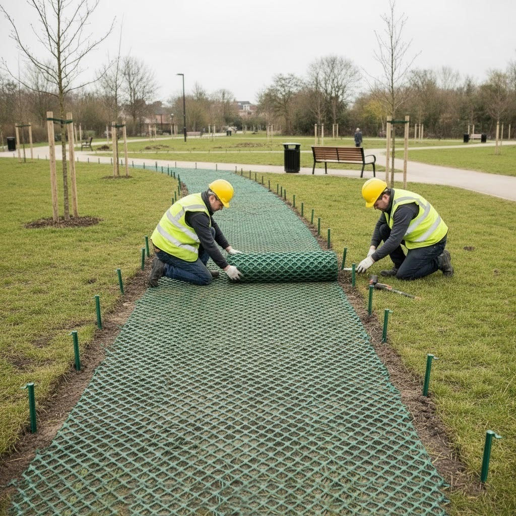 Temporary pedestrian path being laid with UV stabilised 11mm Grass Protection Mesh, showing ground protection in public park.
