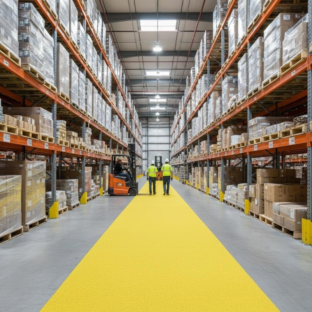 Temporary safety matting used in a warehouse environment to create a highly visible, non-slip aisle runner, ensuring worker safety in forklift traffic areas.