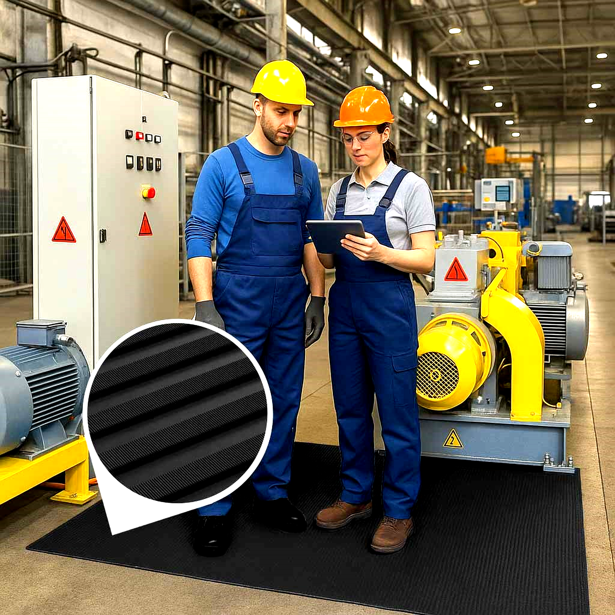 Two factory workers in safety gear review a tablet while standing on a black electrical insulation matting pad next to a control panel and yellow machinery. This non-slip rubber safety mat provides high voltage protection and is durable and oil-resistant for industrial workspaces and machinery.