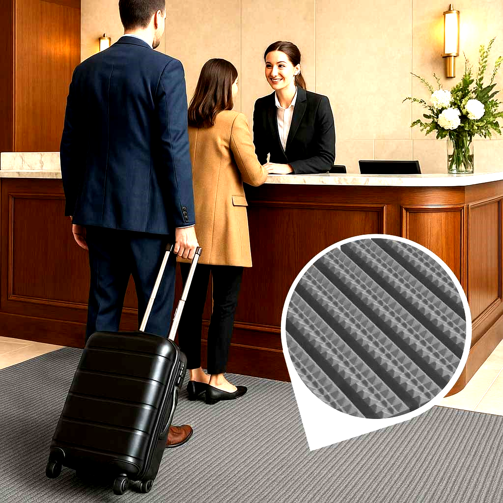 Two guests checking into a hotel, standing on a grey, patterned commercial entrance mat in the lobby near the wooden reception desk. The mat is designed for high-traffic entrances and walkways. An inset circle magnifies the mat's striped, textured surface with alternating patterns for scraping dirt and moisture.