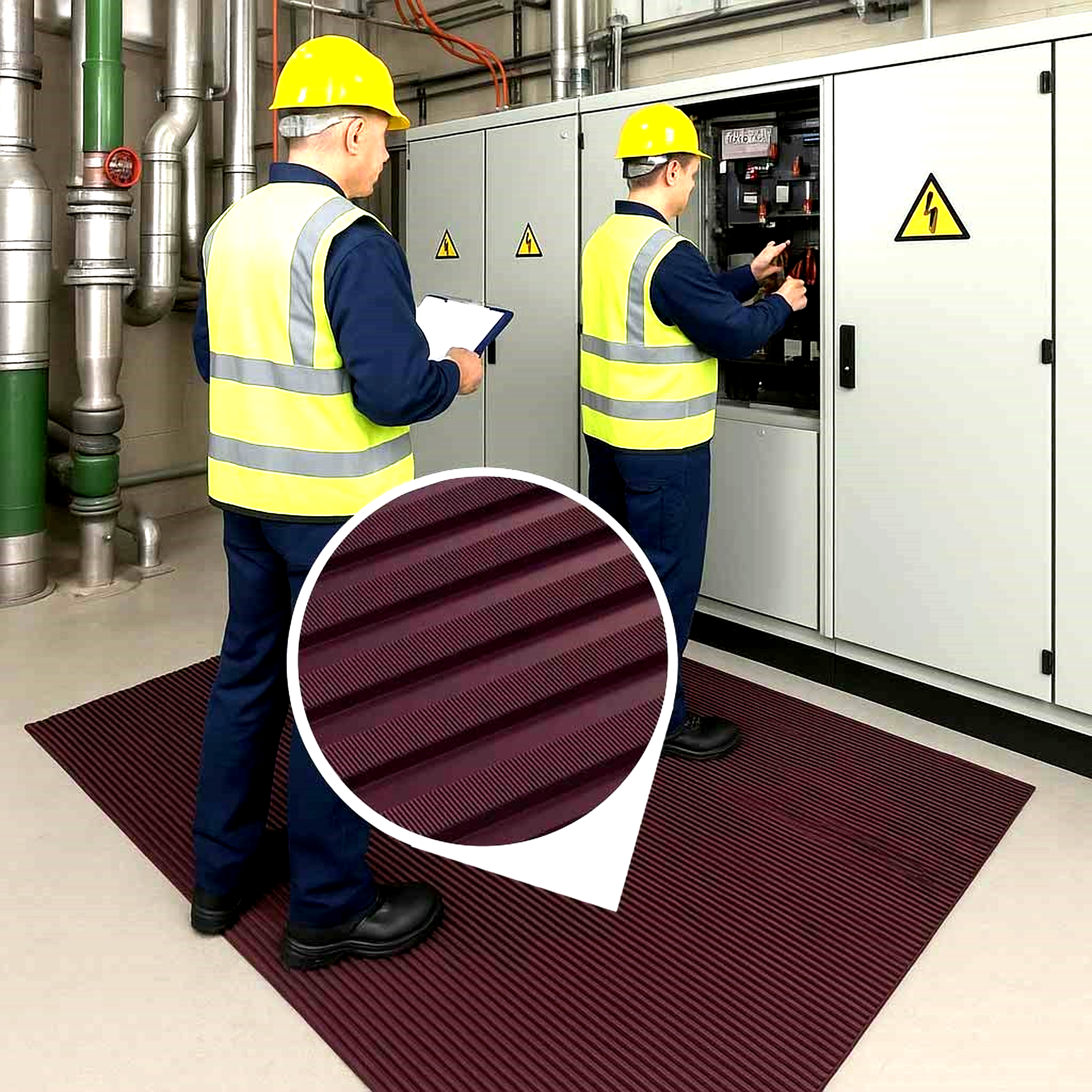 Two maintenance workers in high-visibility vests and yellow hard hats performing electrical work in front of an equipment cabinet, standing on a large burgundy ribbed non-slip PVC mat. The mat is used for electrical insulation safety. The inset shows a magnified view of the mat's fine and wide ribbed texture.