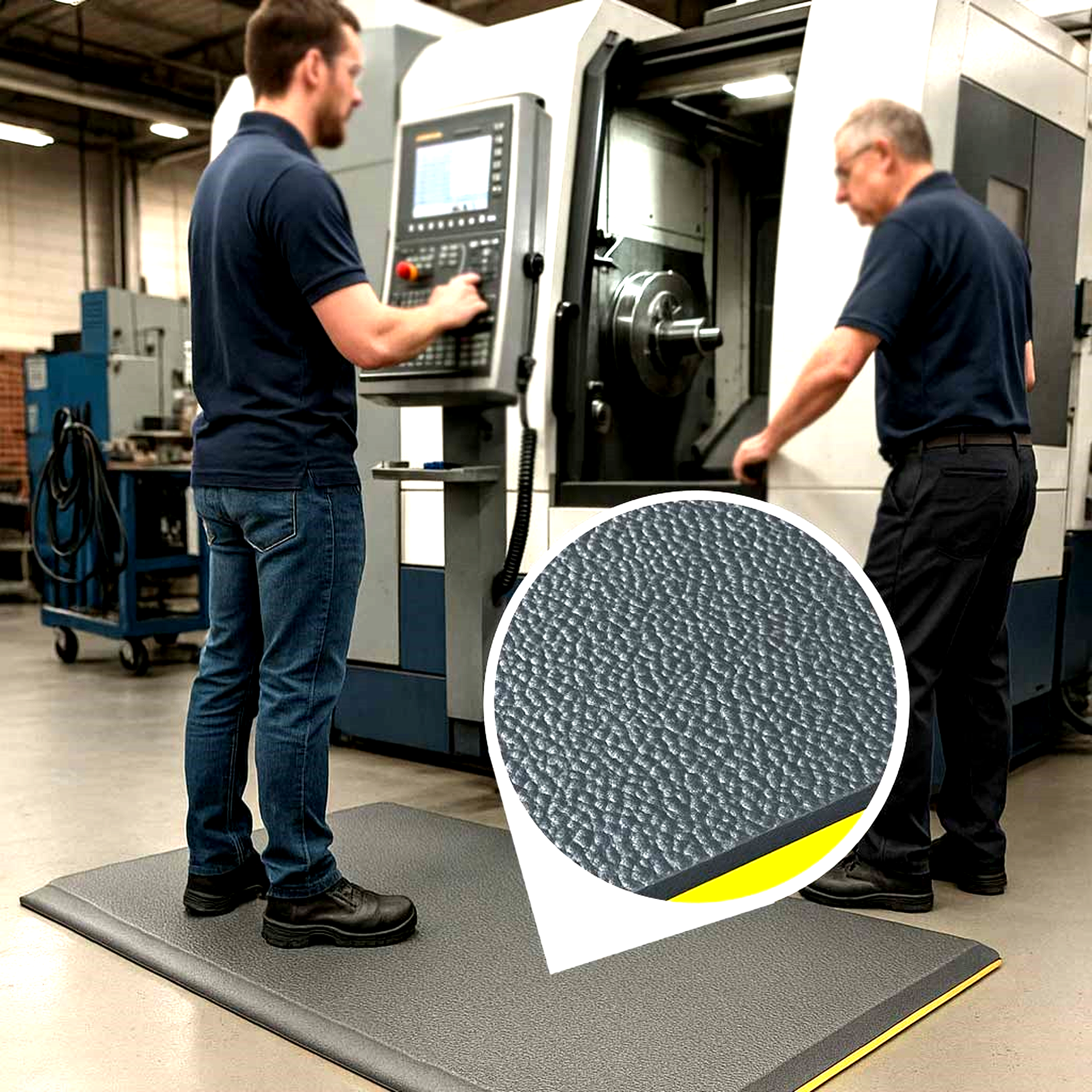 Two male industrial workers operating a large CNC machine while standing on a heavy-duty, wear-resistant, dark grey anti-fatigue mat. The mat has a non-slip, cushioned PVC foam surface and a yellow trim visible on the edge. An inset magnifies the pebbled, high-grip texture, showcasing the mat's suitability for garages and industrial workstations.