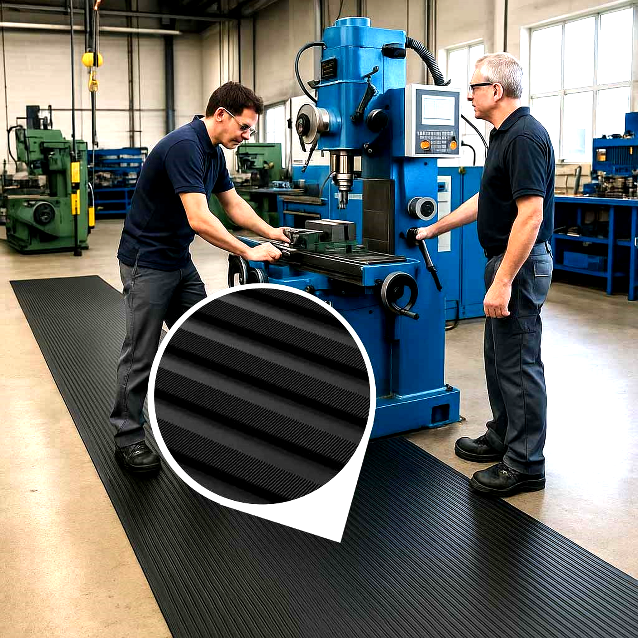 Two male workers operating a large blue industrial machine (milling or drill press) in a factory while standing on a long, black roll of ribbed non-slip PVC matting. The mat provides electrical insulation and enhanced grip. A circular inset magnifies the mat's fine and wide ribbed pattern, highlighting its use as a safety matting roll for industrial workshops.