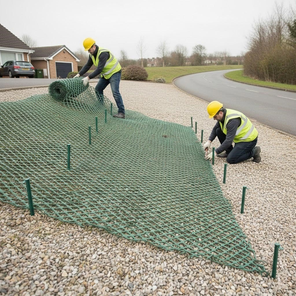 Two workers installing Driveway Stabilisation (Non-Slip, 11mm) over a gravel area to reinforce ground and prevent surface migration near a residential road.