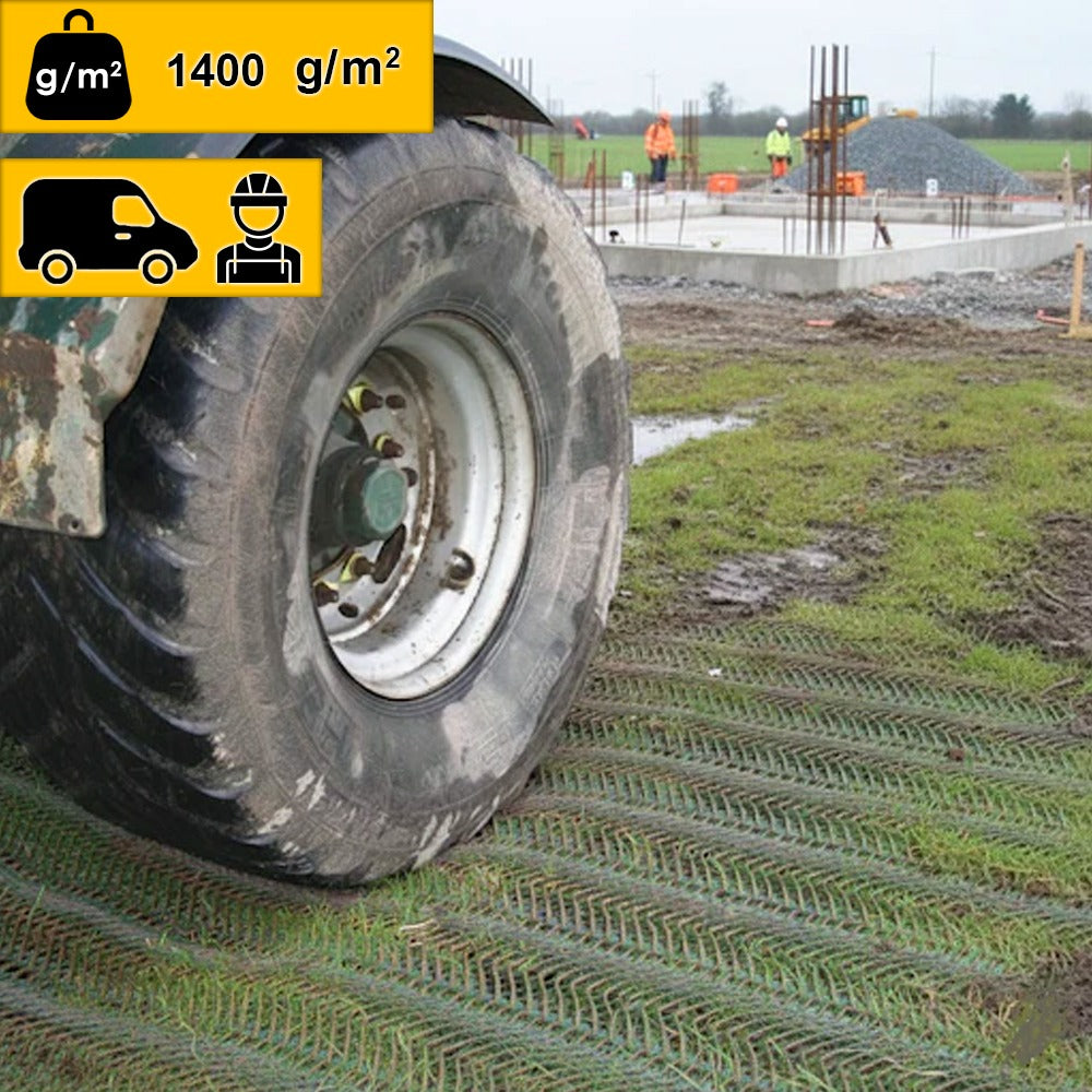 UV-stabilised non-slip grass protection mesh roll laid on green lawn