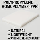 Graphic headed Polypropylene Homopolymer (PPH) with a white slab and the words natural, lightweight, chemical-resistant