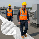 White roof walkway matting laid as a path on a rooftop, two workers in orange hi-viz walking.