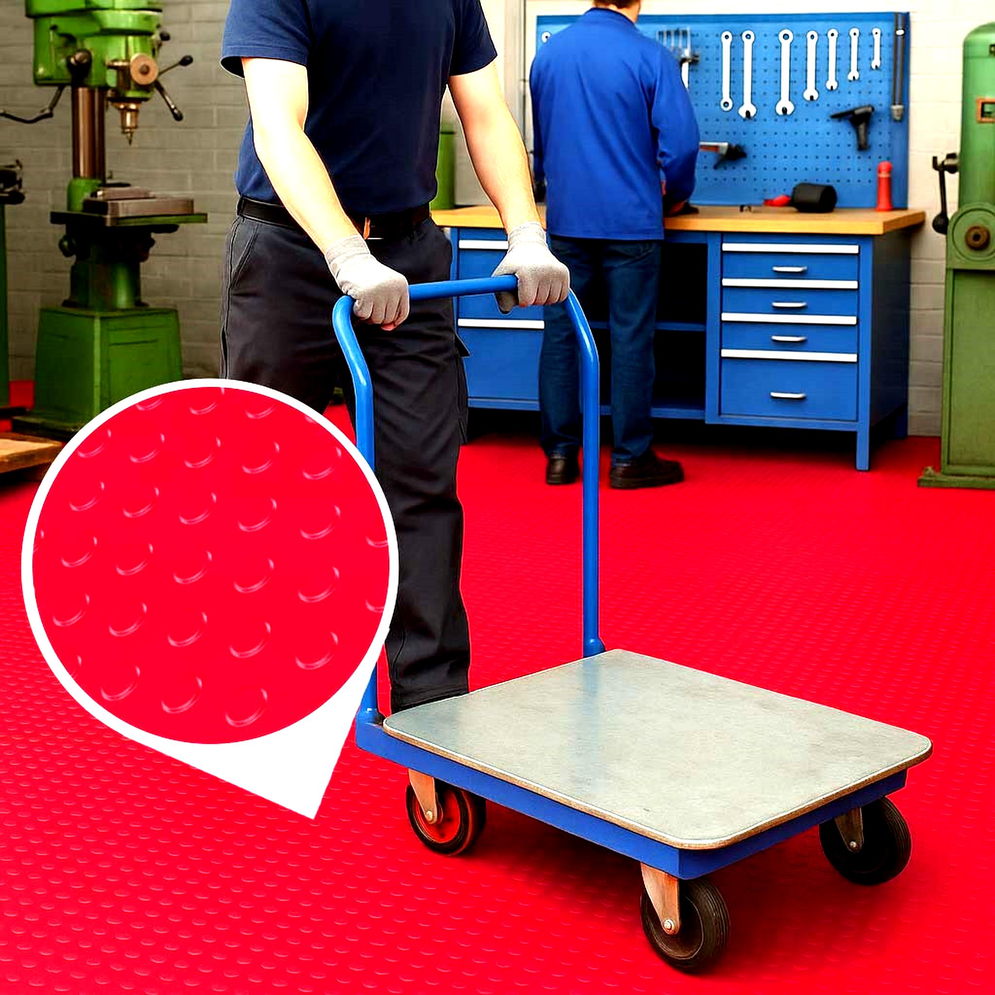 Worker pushing a cart on red, heavy-duty, dot-pattern PVC flooring in a workshop; inset highlights the slip-resistant, waterproof texture.