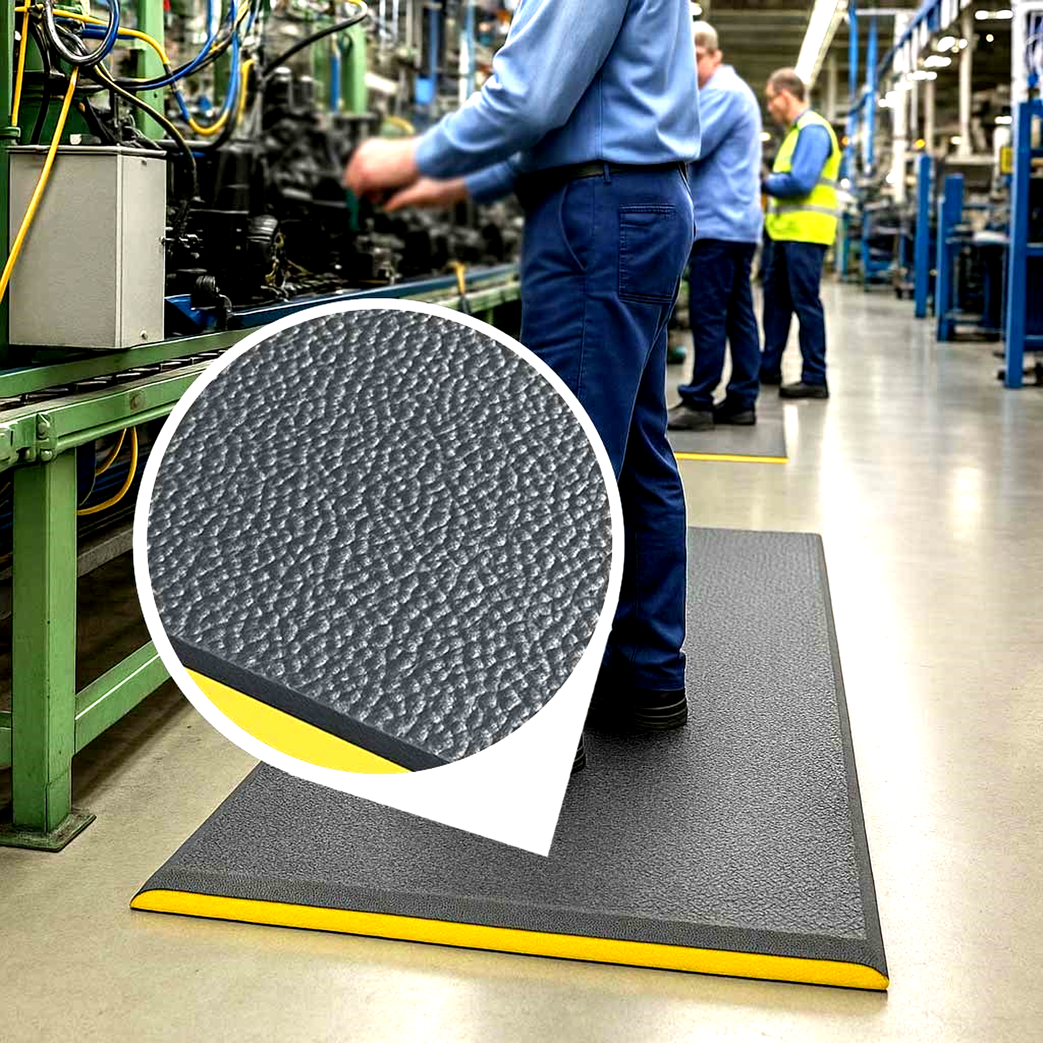 Worker standing on a heavy-duty, dark grey anti-fatigue mat with a yellow safety border next to industrial machinery in a factory setting. The mat provides cushioned support for long shifts. An inset circle magnifies the non-slip, pebbled texture of the wear-resistant PVC foam surface, highlighting its use for workstations and industrial areas.