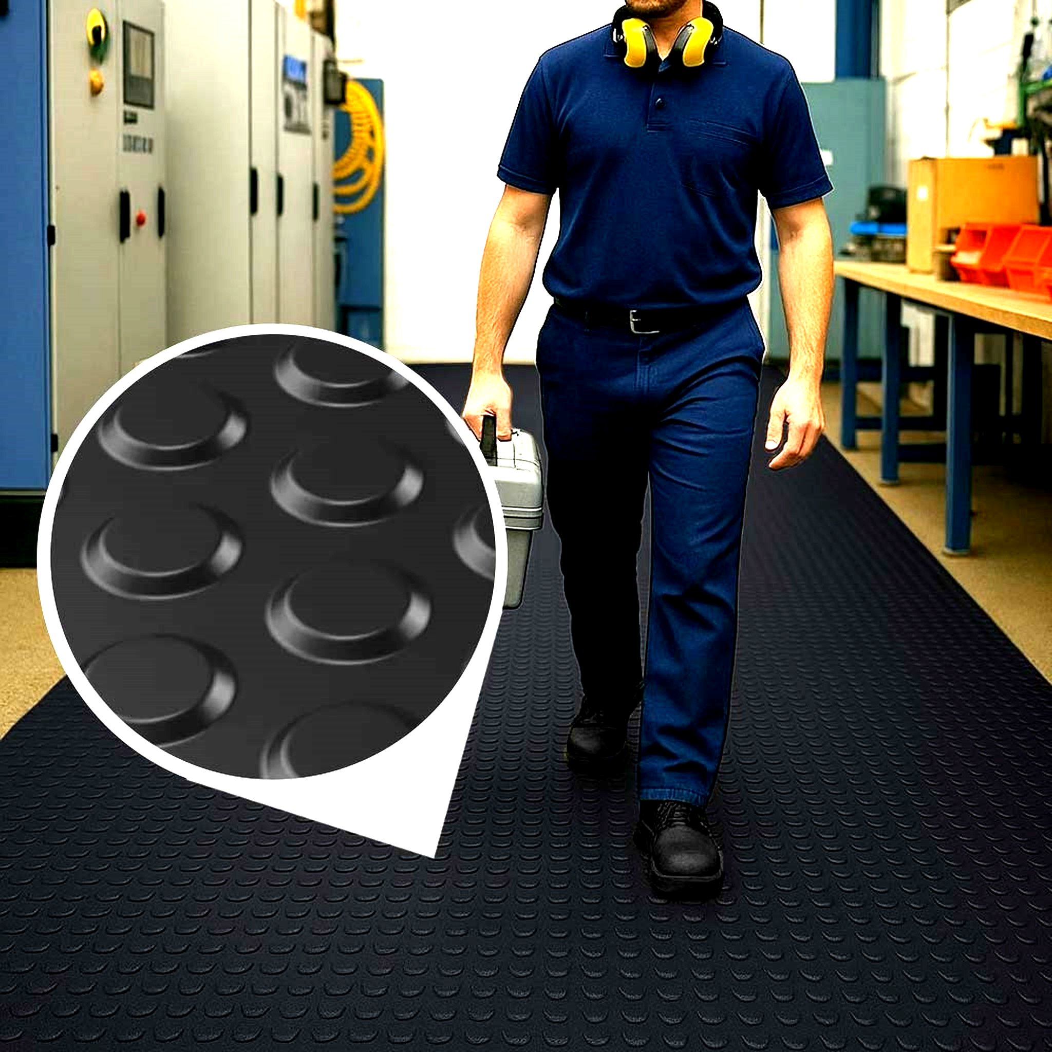 Worker walking on black, slip-resistant, button-pattern Vinyl PVC matting in an industrial walkway; inset shows waterproof flooring detail.