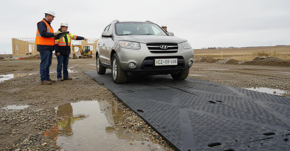 Workers installing lightweight 35kg HDPE access mats on grass site