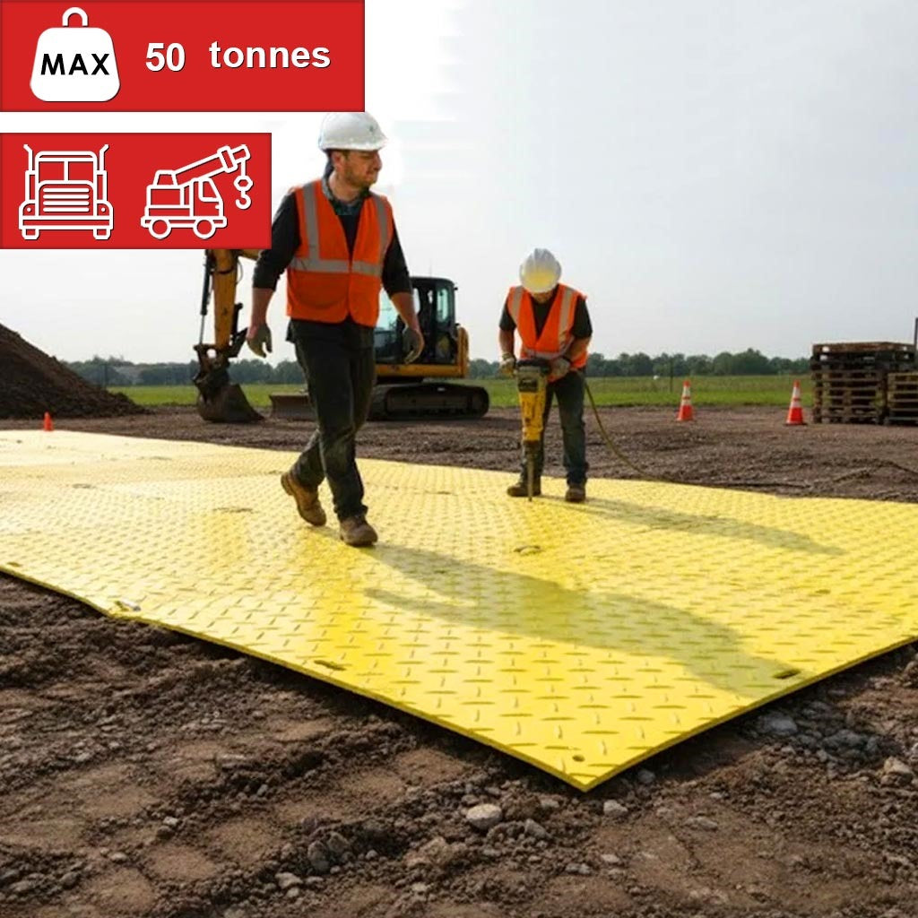 Worksite crew connecting 50-tonne rated construction mats to create a stable temporary roadway over muddy terrain.