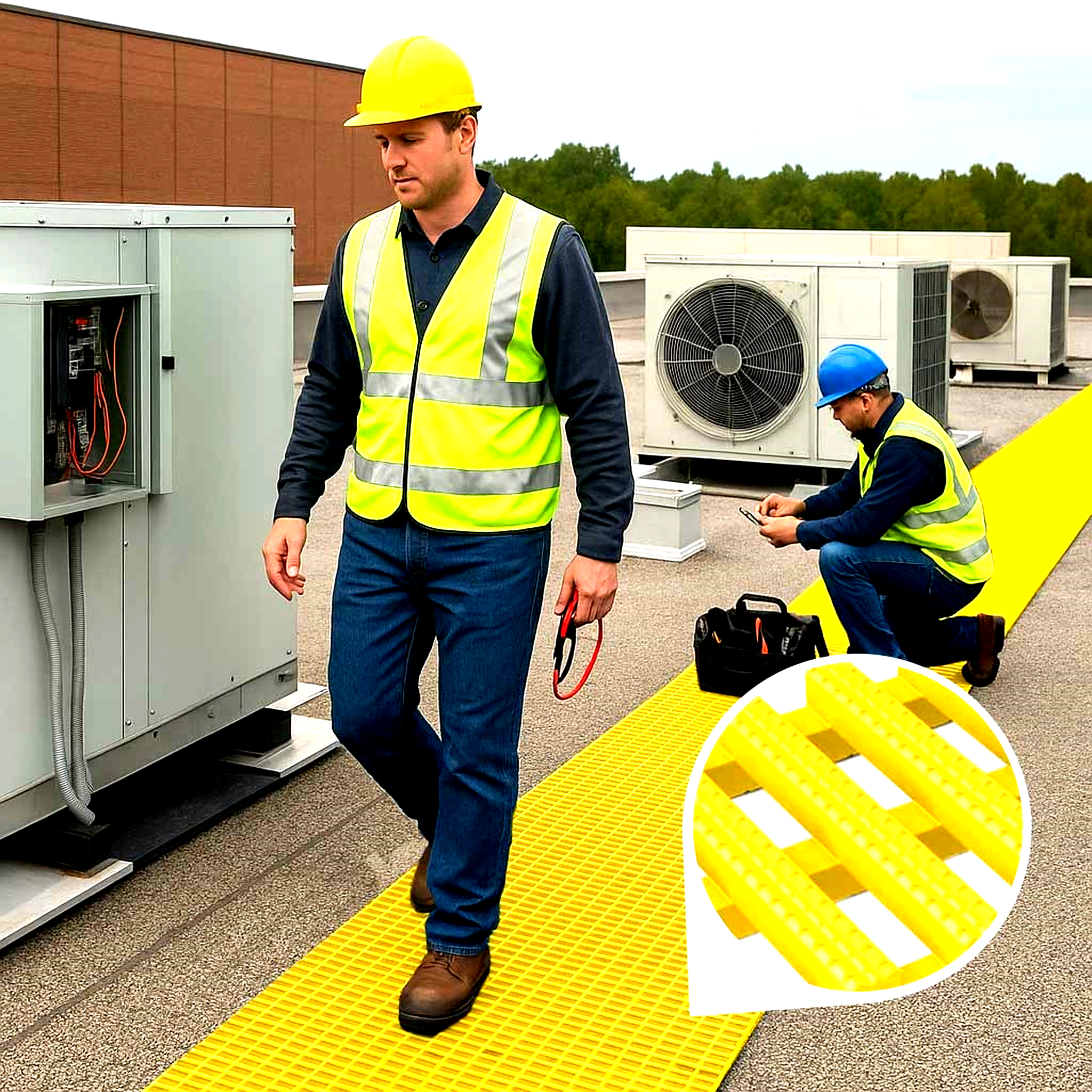 Yellow Slip-Resistant Walkway Mat providing a safe path for technicians on a commercial rooftop with HVAC units, essential for TPO and EPDM Roof Membranes protection.
