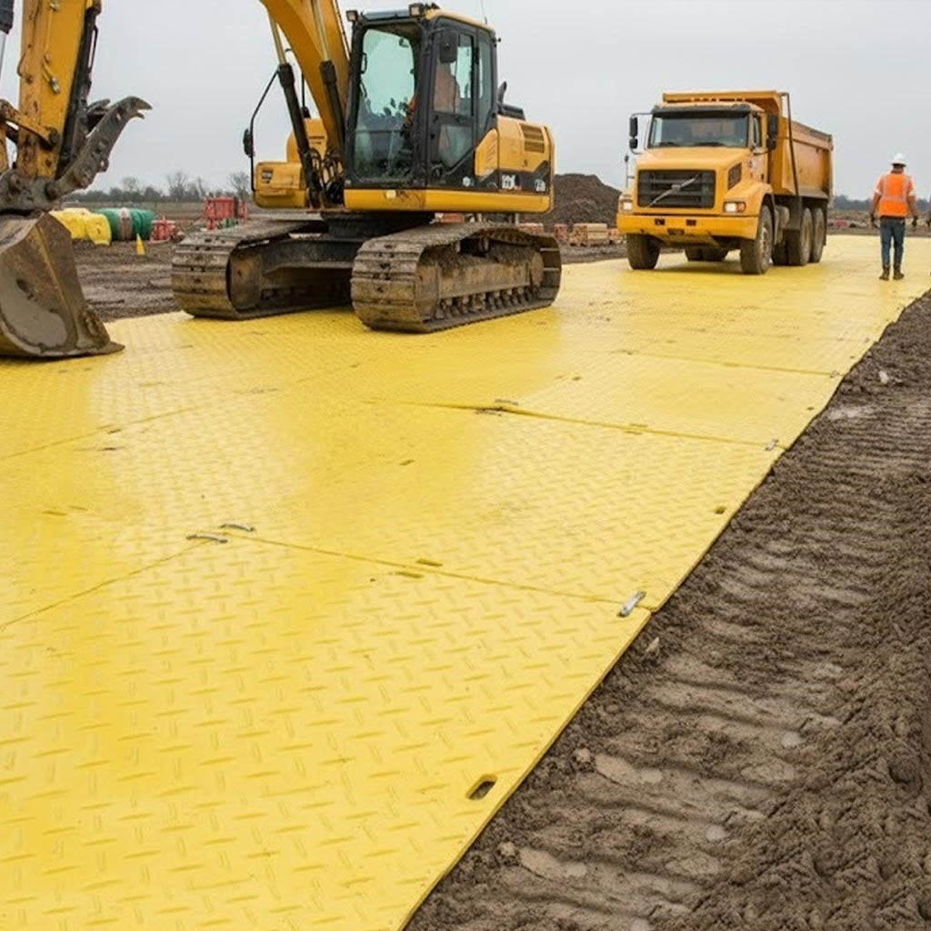 Yellow, durable temporary road mats creating a stable worksite access path for heavy construction equipment and vehicles.