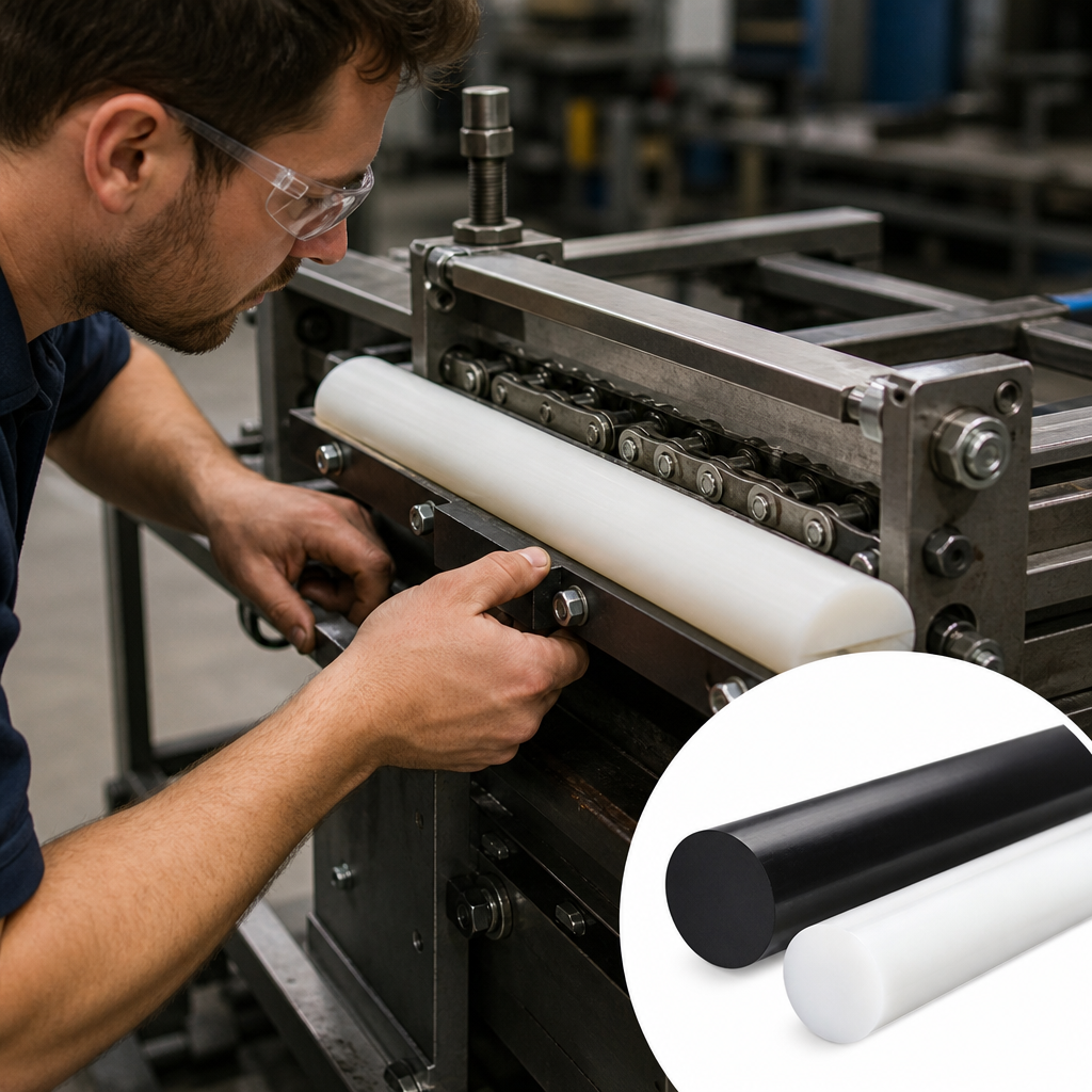 High Density Polyethylene Natural (milky-white) / Black Rod 55mm to 90mm dia for Chain guides & impact-resistant parts - UK Engineering Plastics