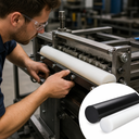 Engineer bolting a white HDPE chain guide beside a roller chain on a machine, inset of two rods