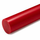 Bright red polyurethane rod filling the frame on white, matt cut end at the lower left