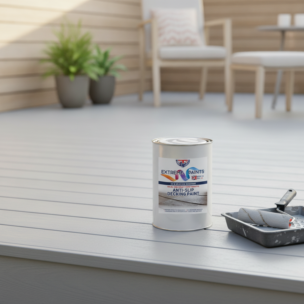 Light grey anti-slip decking paint freshly applied to a garden timber deck with a paint roller and tin resting on the boards