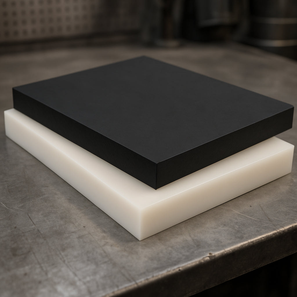 Acetal copolymer plastic sheets on workshop bench — white and black POM sheet