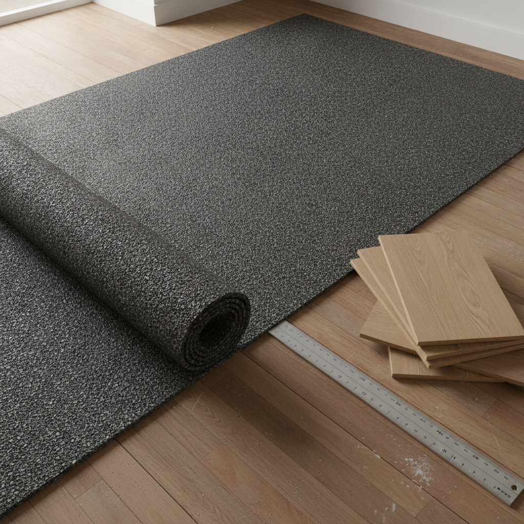 Dark grey rubber crumb acoustic underlay part unrolled over a timber floor beside stacked engineered wood planks