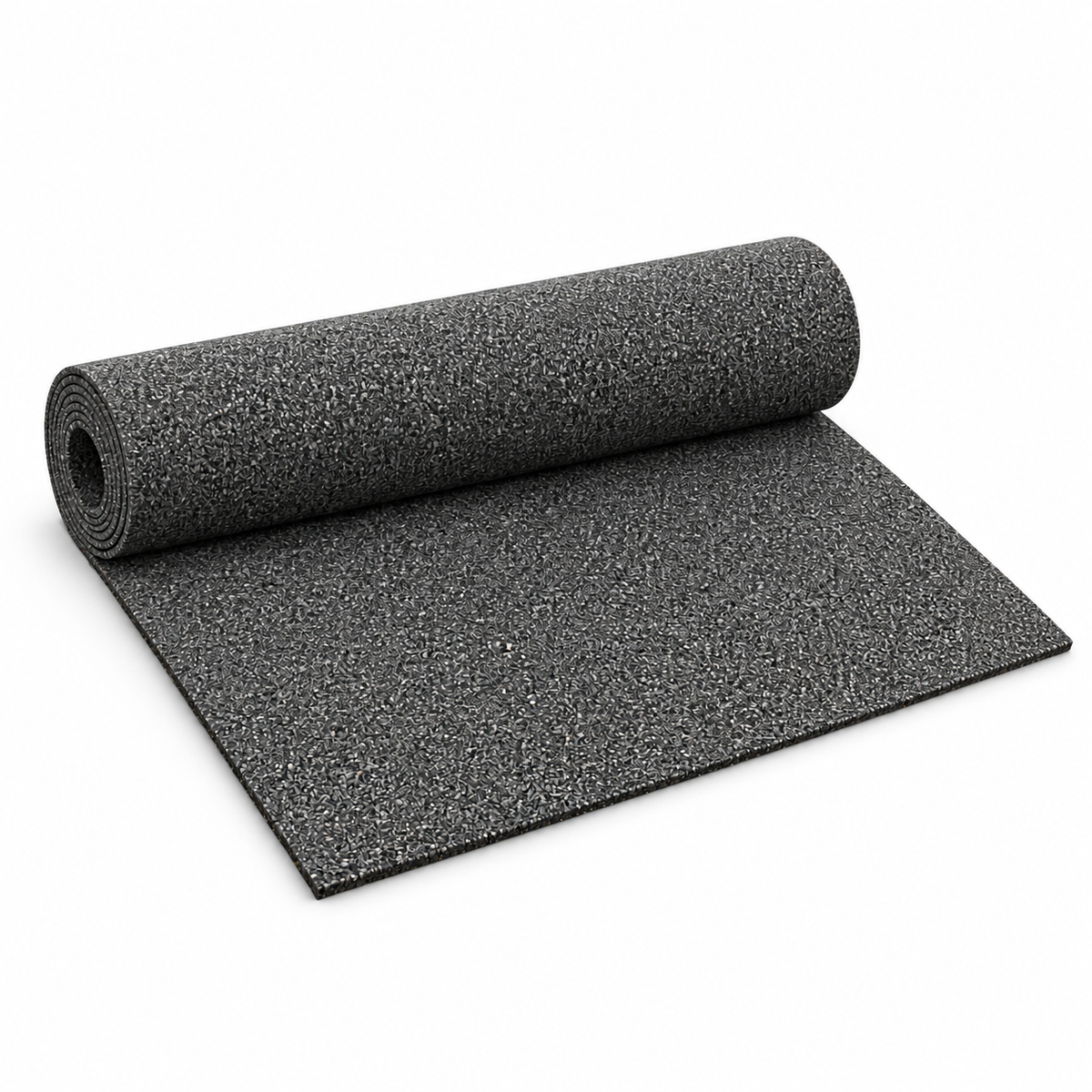 Partly unrolled acoustic rubber crumb underlay on white, showing its black and grey speckled granulate surface.