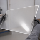 Clear acrylic panel held up to the light by black-gloved hands, a workshop strip light reflected across it