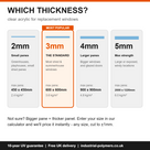 "Which thickness?" chart comparing 2mm, 3mm, 4mm and 5mm acrylic with max pane sizes; 3mm marked most popular
