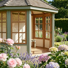 Sage green summerhouse with timber-framed glazed windows and open doors, roses and lavender in front
