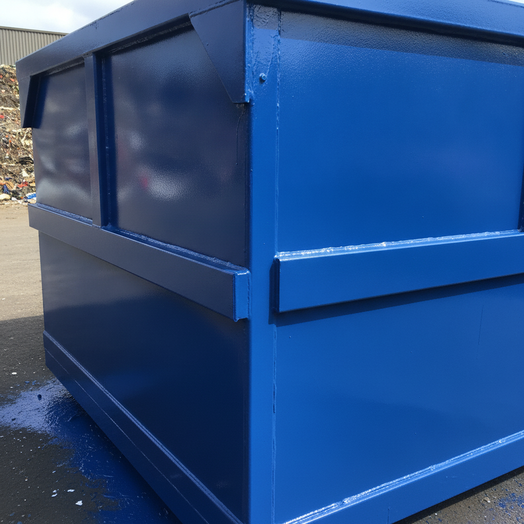 Blue anti-corrosive enamel paint on a skip at a UK waste transfer station