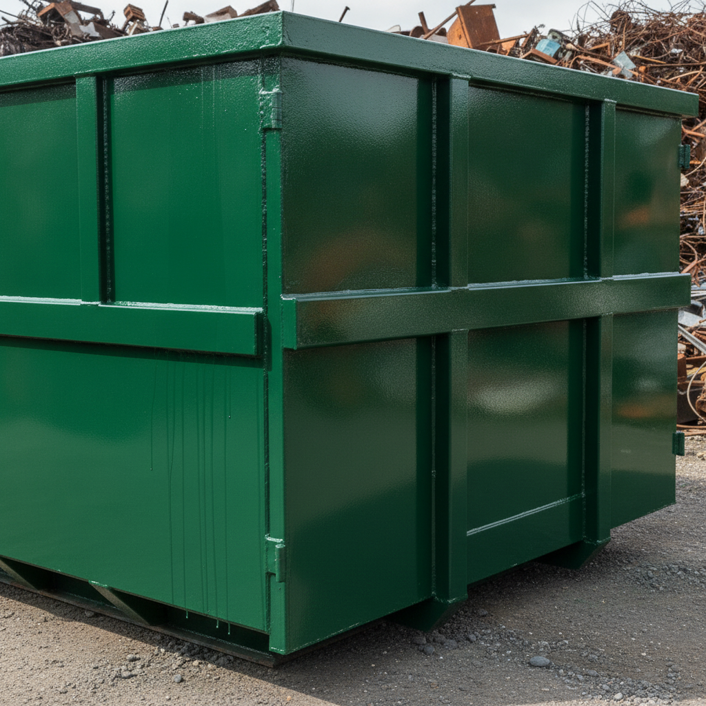 Dark Green anti-corrosive enamel paint on a large skip in a UK scrapyard