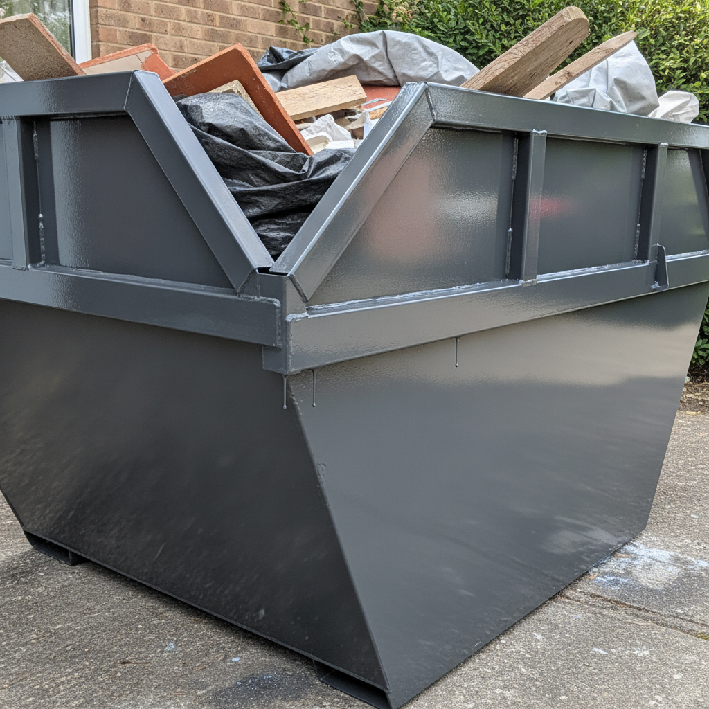 Dark Grey anti-corrosive enamel paint on a mini skip on a UK driveway