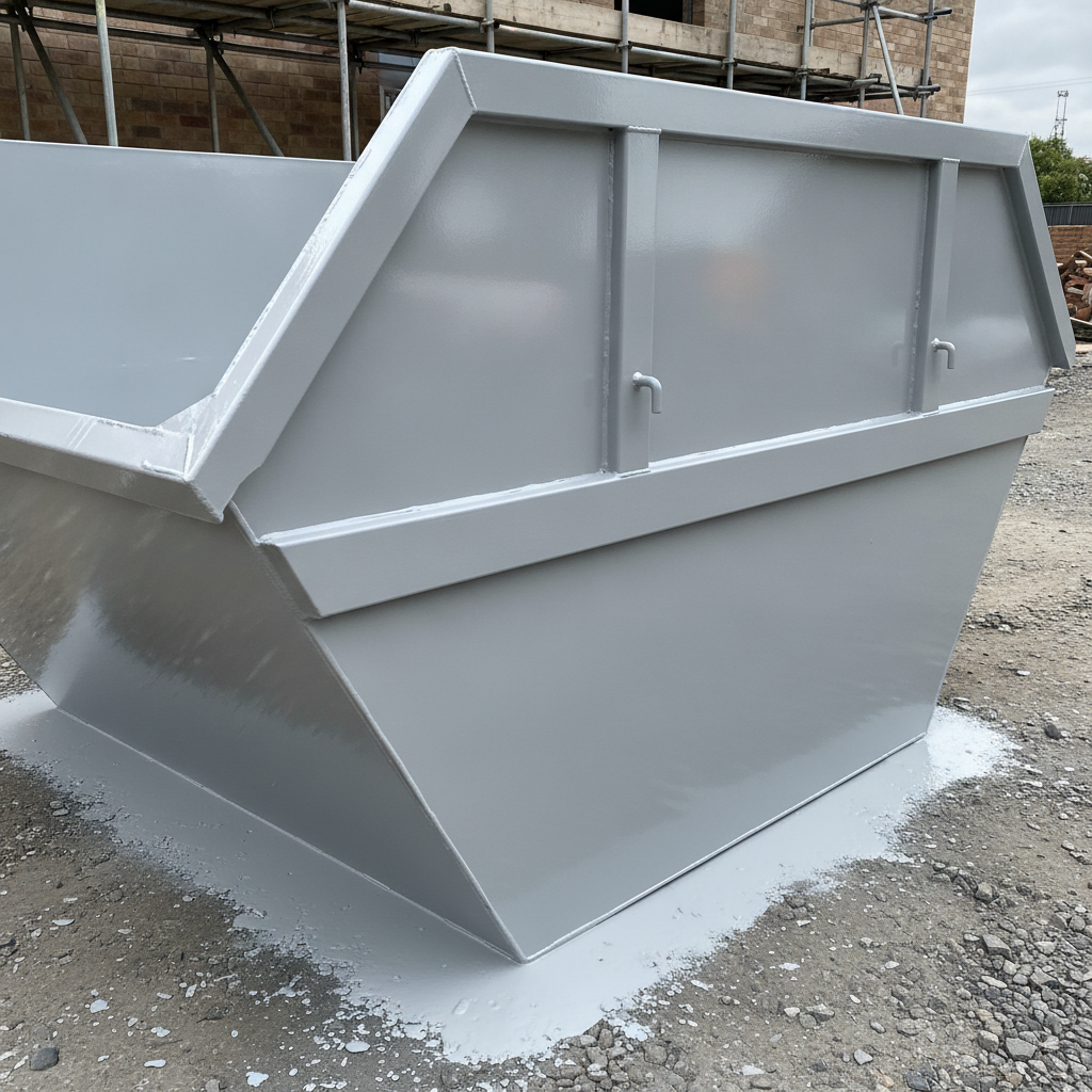 Light Grey anti-corrosive enamel paint on a builder's skip on a UK construction site