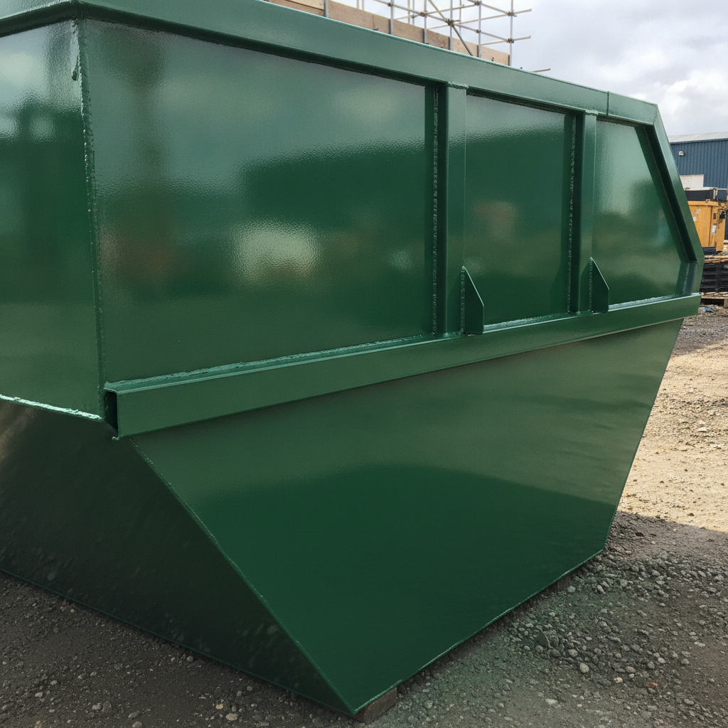 Mid Green anti-corrosive enamel paint on a builder's skip on a UK construction site