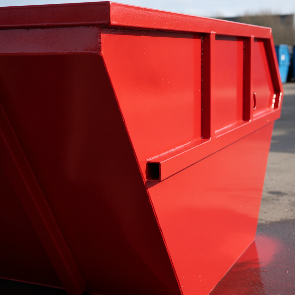 Post Office Red anti-corrosive enamel paint on a vivid pillar-box red skip at a UK depot