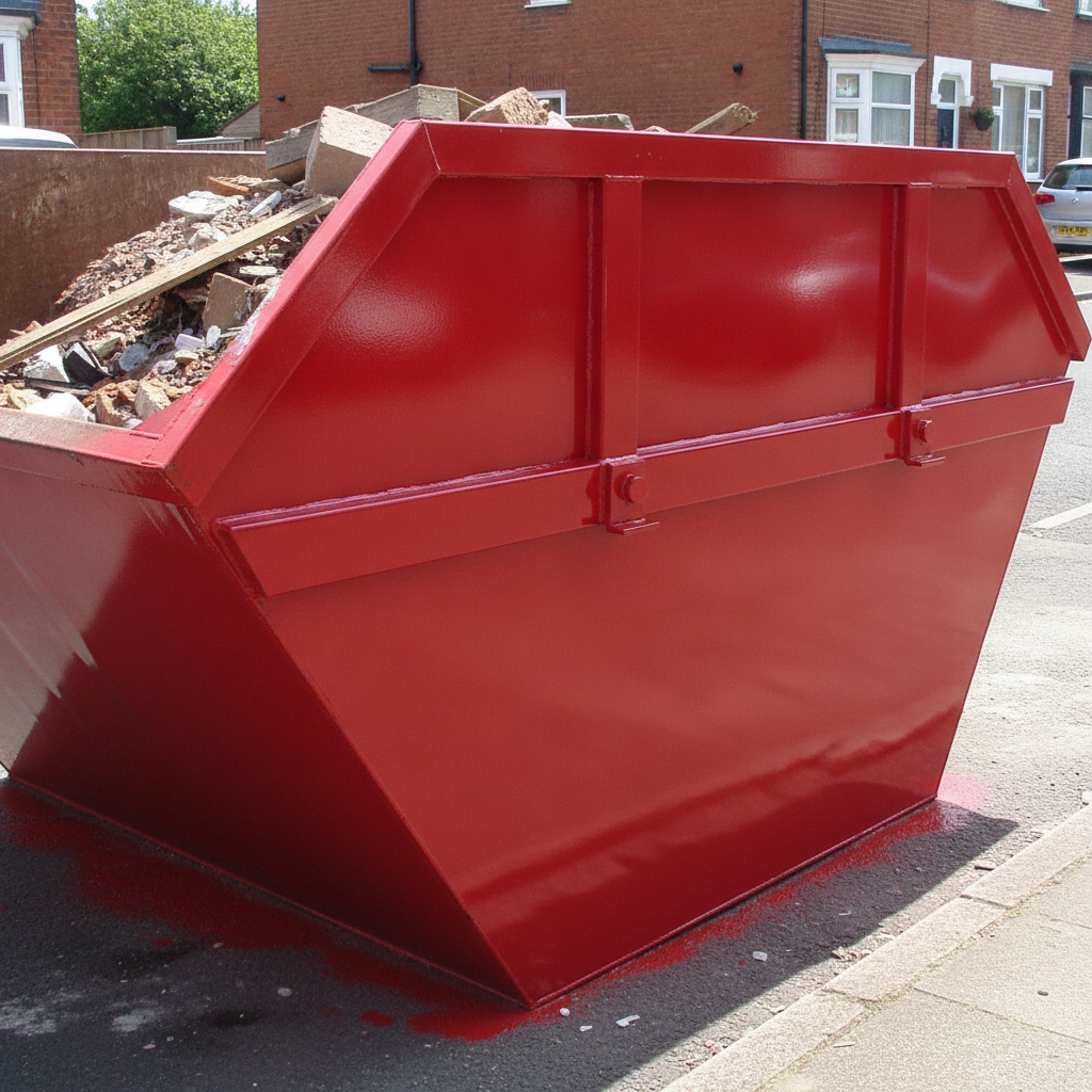 Red anti-corrosive enamel paint on a builder's skip on a UK residential street