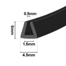 Dimensioned diagram of black rubber U-channel trim, labelled 4.5mm wide, 6mm tall, 1.5mm channel, 0.5mm opening