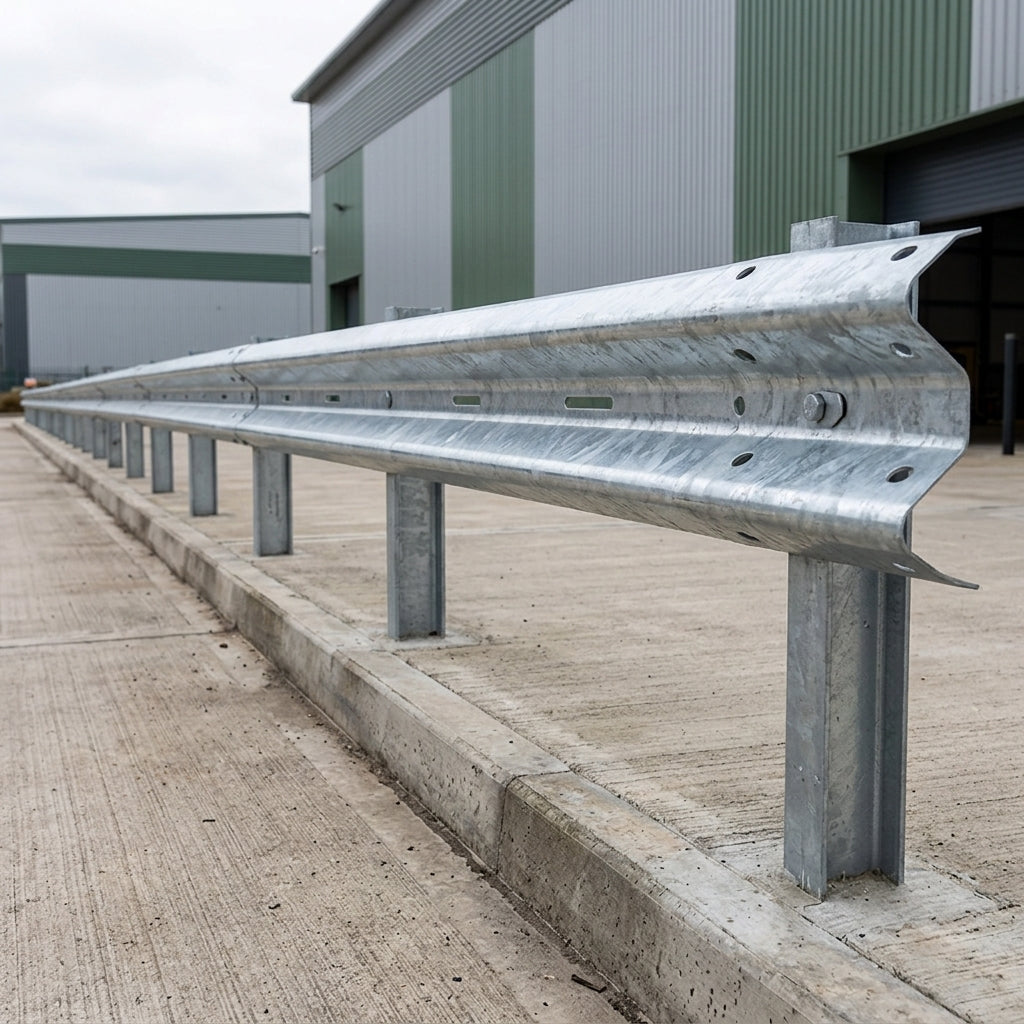 Galvanised corrugated Armco barrier bolted to steel posts along the concrete edge of a loading bay apron at an industrial unit
