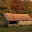 Autumn brown asbestos roof paint on a corrugated cement farm outbuilding roof in the UK