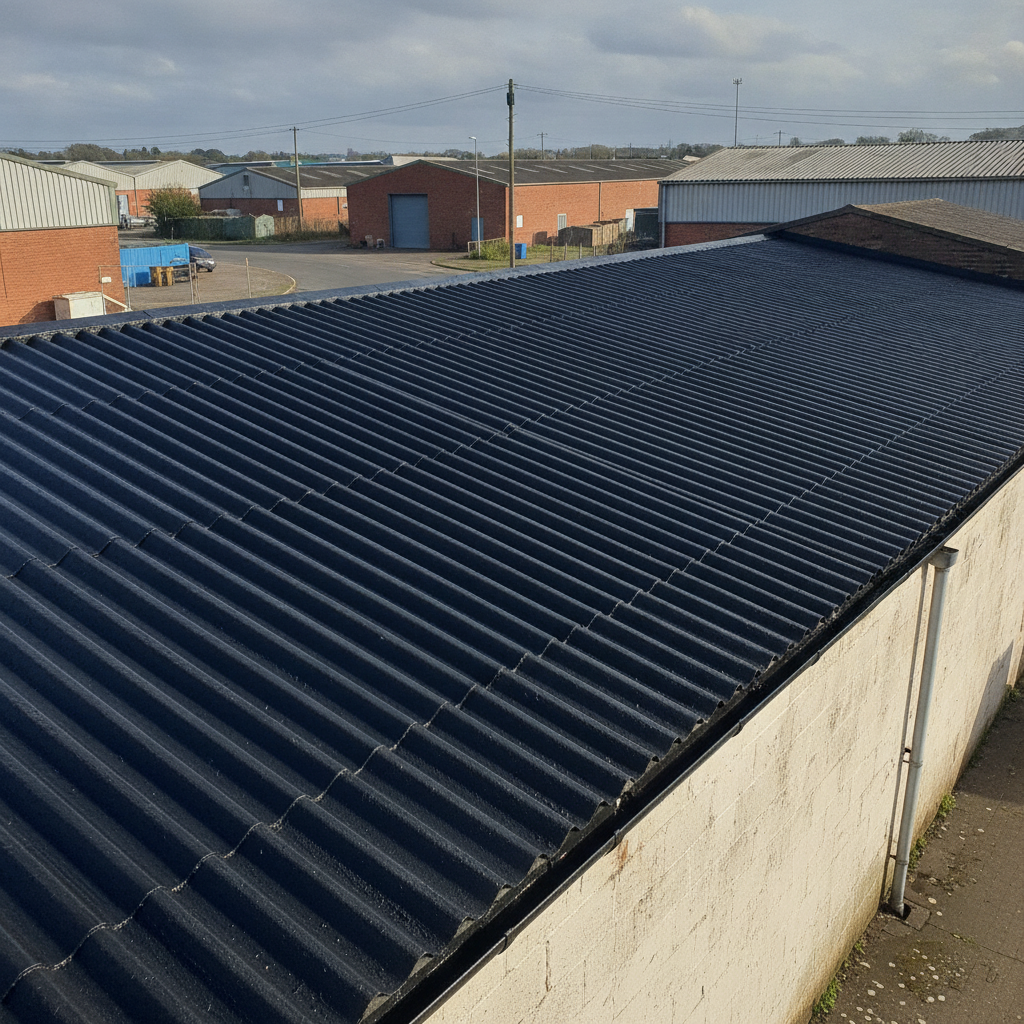 Black asbestos roof paint on a corrugated cement workshop roof in the UK