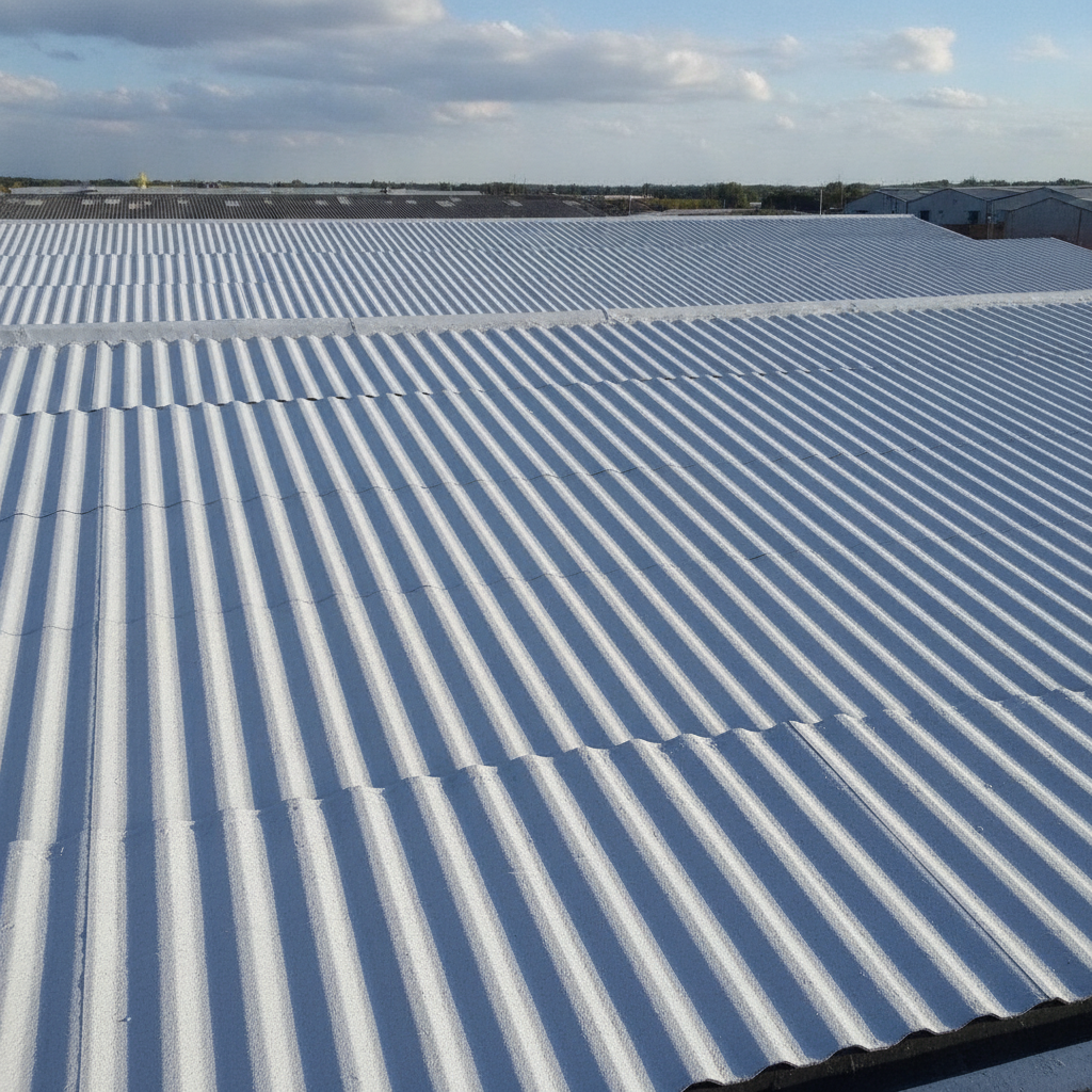 Light grey asbestos roof paint on a corrugated cement warehouse roof in the UK